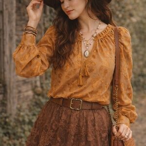 Marc New York ANDREW MARC Gold Floral Peasant Top Blouse L